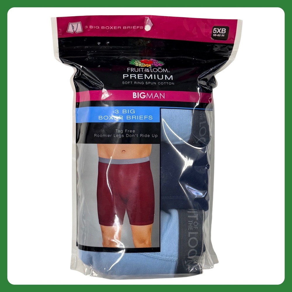 Fruit of the Loom Premium Big Boxer Briefs Men 5XB Blue Cotton 3 Pack NEW NWT